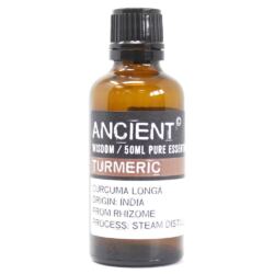A brown glass bottle labeled Ancient Wisdom / 50ml Turmeric Oil, Pure Essential Oil. The label notes Curcuma longa, origin as India, sourced from rhizome, and steam-distilled. The bottle features a black screw cap.
