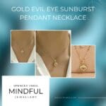 Three images show a Fashionable Rotating Evil Eye Pendant Necklace for Women, worn on a woman's neck. Set against a blue background, white text reads: Fashionable Rotating Evil Eye Pendant Necklace and Spencer Vibes Mindful Jewellery.