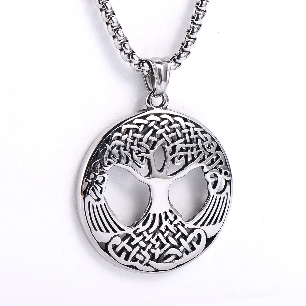 Stainless Steel Tree of Life Signet Pendant Necklace features a round, polished Viking amulet design with detailed branches and roots in a Nordic style.