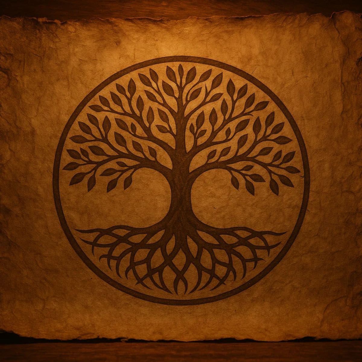 A stylized tree of life, inspired by tree of life history, with spreading branches and roots is drawn in dark brown within a circle on textured, parchment-like paper, illuminated by warm, golden light. The symmetrical design highlights nature and balance.