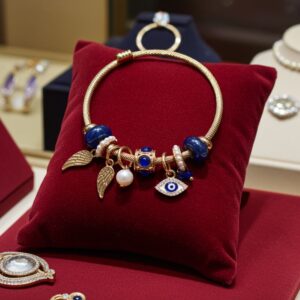 The Gold-Tone Charm Bracelet with Blue Beads & Evil Eye Detail, featuring pearl charms and gold wing accents, is displayed on a red velvet pillow, with other jewelry pieces in the background for a luxe look.