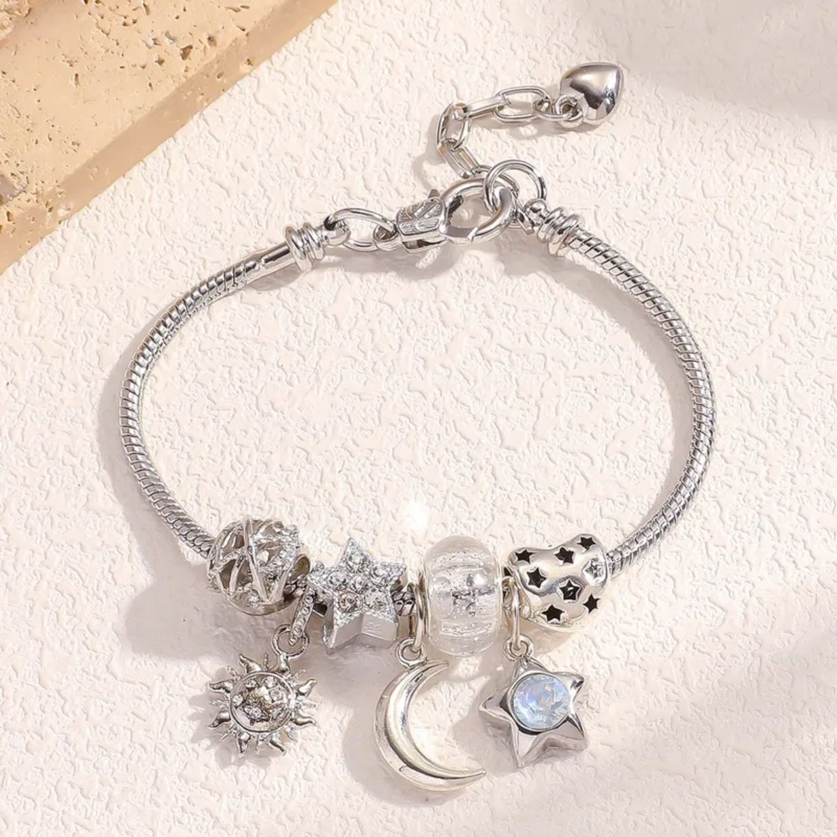 Celestial Charm Bracelet – Silver Star, Moon & Sun Design
