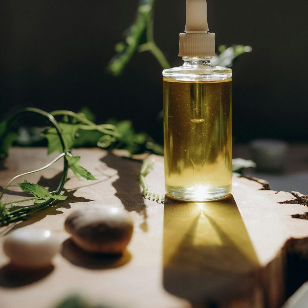 A glass dropper bottle filled with yellow Frankincense Essential Oil sits on a wooden surface in sunlight. Green vines and two smooth stones nearby cast soft shadows, creating a natural, serene atmosphere.