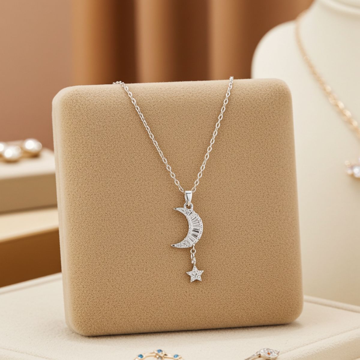 Silver Crescent Moon & Star Pendant Necklace