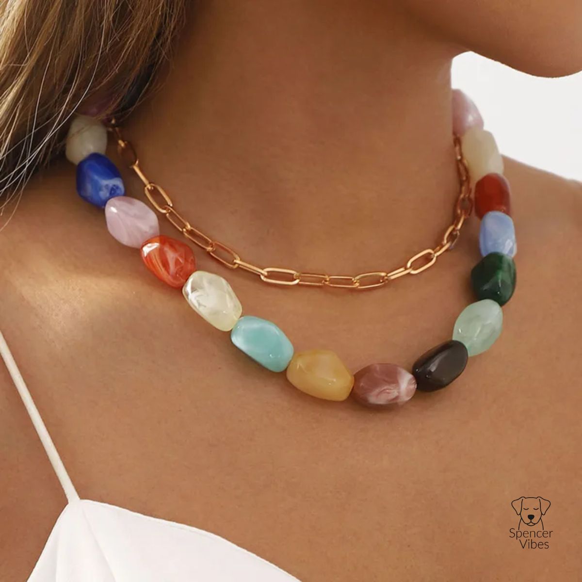 Multicolour Bead & Gold-Tone Chain Necklace