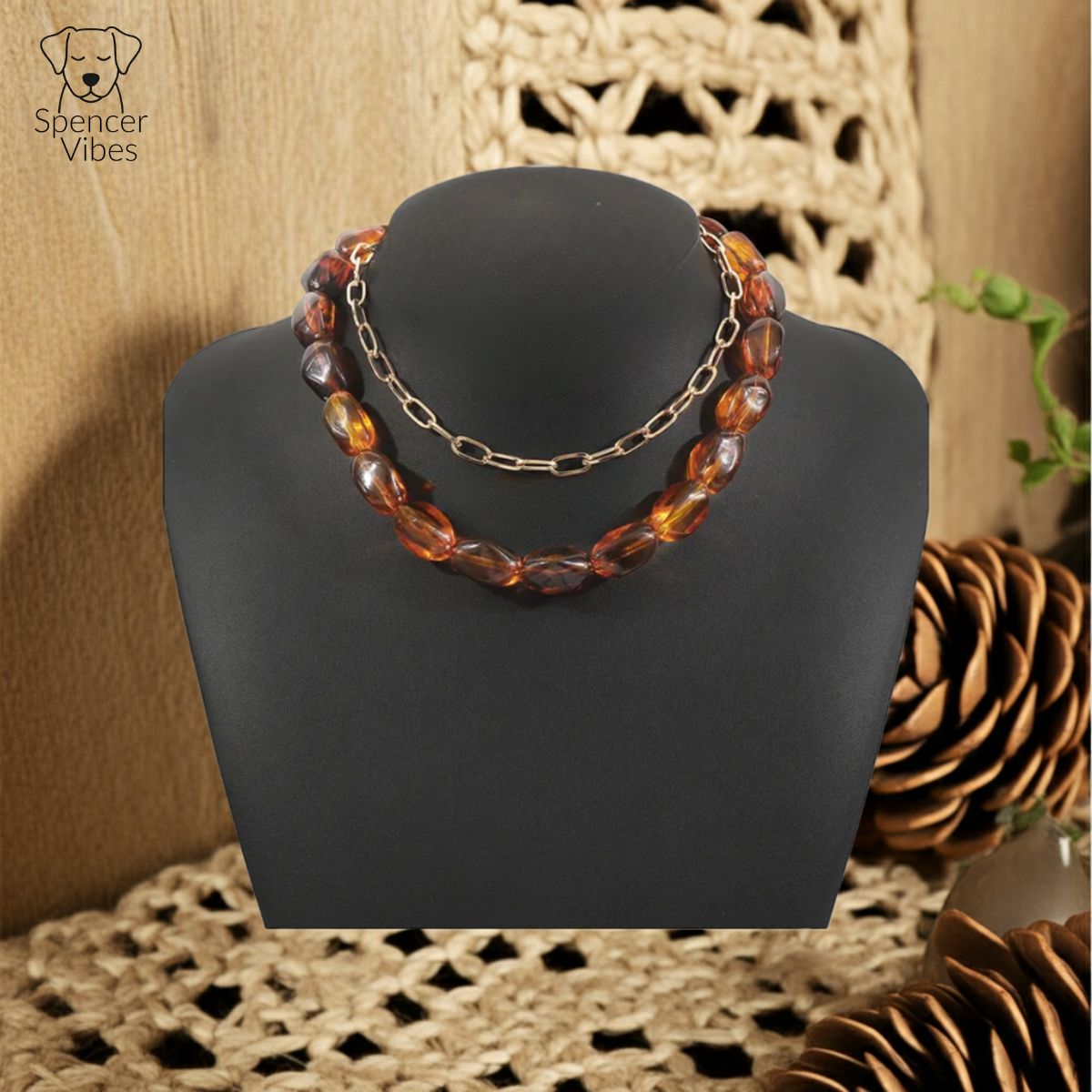 Amber-Tone Beaded Necklace with Gold Chain Accent