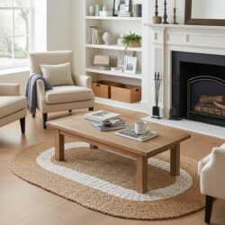 A cozy living room features beige armchairs, a wooden coffee table on the Oval Seagrass Rug White & Tan Classic (60 × 120cm), books and a mug, white shelves with books and baskets, and a fireplace with candles in soft natural light.