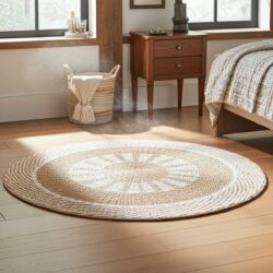 The Round Seagrass Rug – White & Tan Inner Sun – 1m sits on a wooden floor beside a bed, with a woven basket holding a white blanket nearby. A wooden nightstand and two large sunlit windows are in the background.
