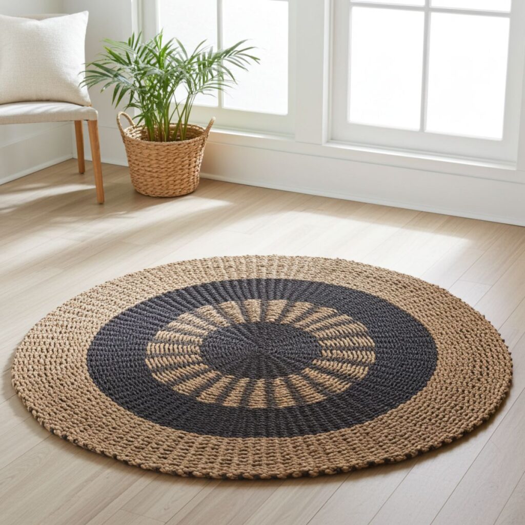 The Round Seagrass Rug Black & Tan Inner Sun – 1m, featuring black and tan concentric circles, lies on a light wood floor by the window. A potted plant in a wicker basket and a wooden chair with a white cushion complete the airy space.