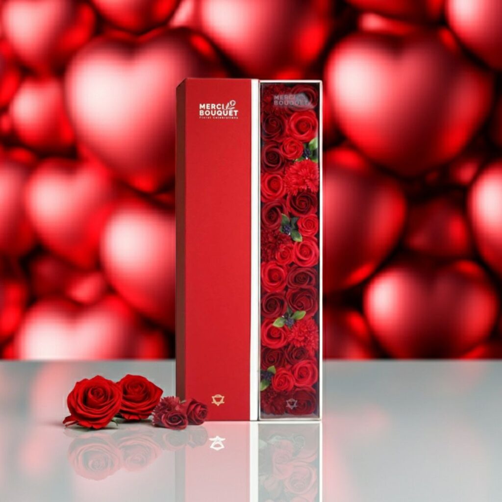 A Valentine gifts box of soap roses with hearts in the background