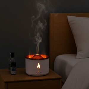 The Medium Volcano Effect Aroma Diffuser emits visible steam and a warm orange light on a wooden nightstand near a bed, accompanied by two small bottles. A dark wall in the background sets a cozy atmosphere.