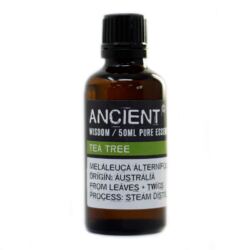A brown glass bottle with a black cap labeled ANCIENT Wisdom / Tea Tree Oil 50ml. The green label reads Tea Tree. Details include Melaleuca alternifolia, origin: Australia, from leaves + twigs, process: steam distillation.