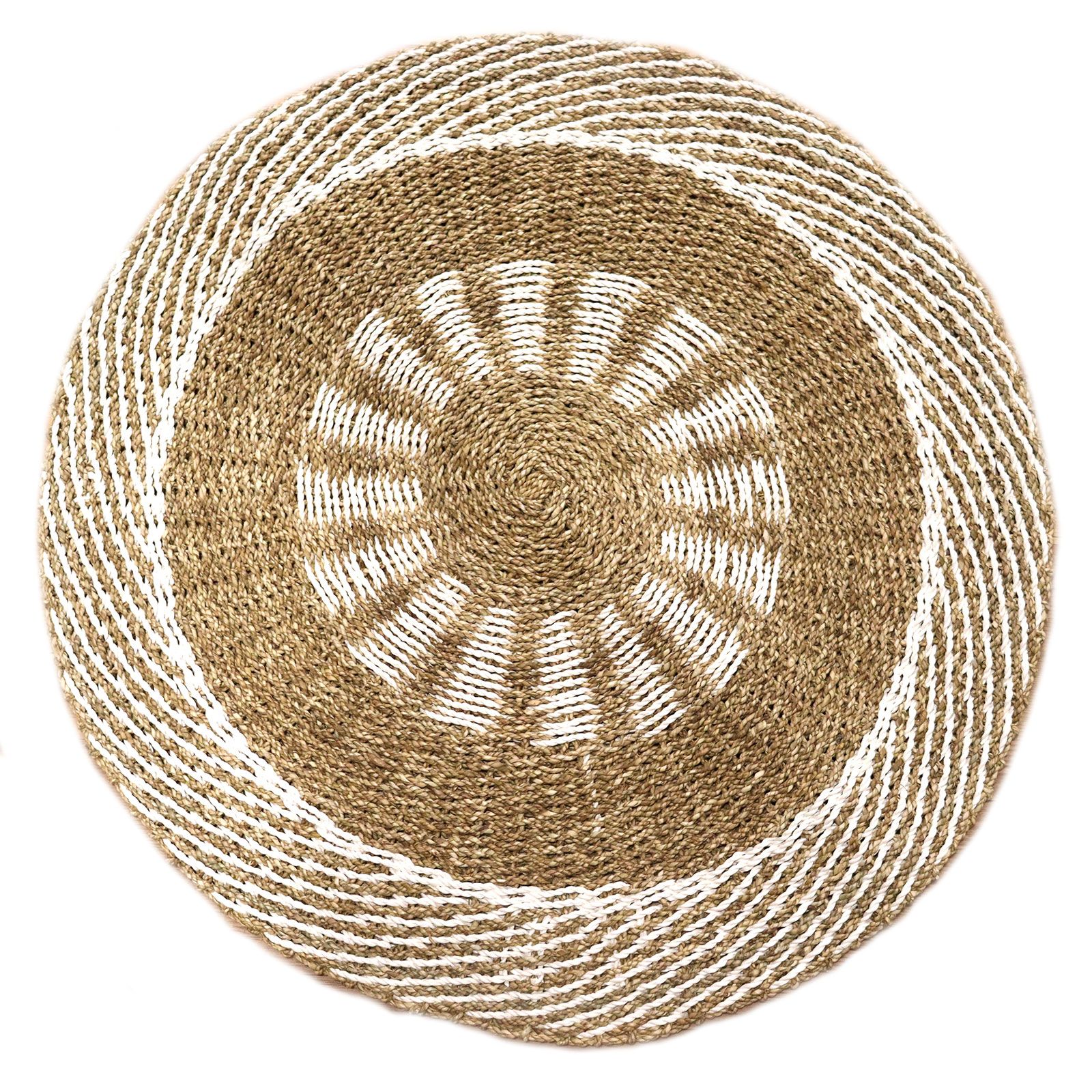 Round Seagrass Rug – White & Tan Inner Sun – 1m