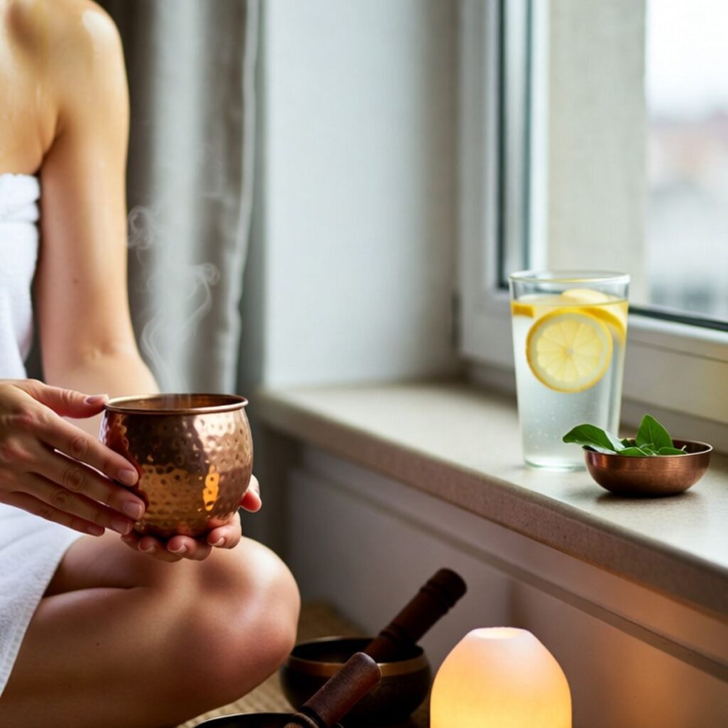 A person in a white towel sits cross-legged by a window, holding a steaming copper mug. Nearby are lemon water and herbs, evoking Ayurvedic wellbeing and the balance benefits of calming Dinacharya routines in a serene, spa-like atmosphere.