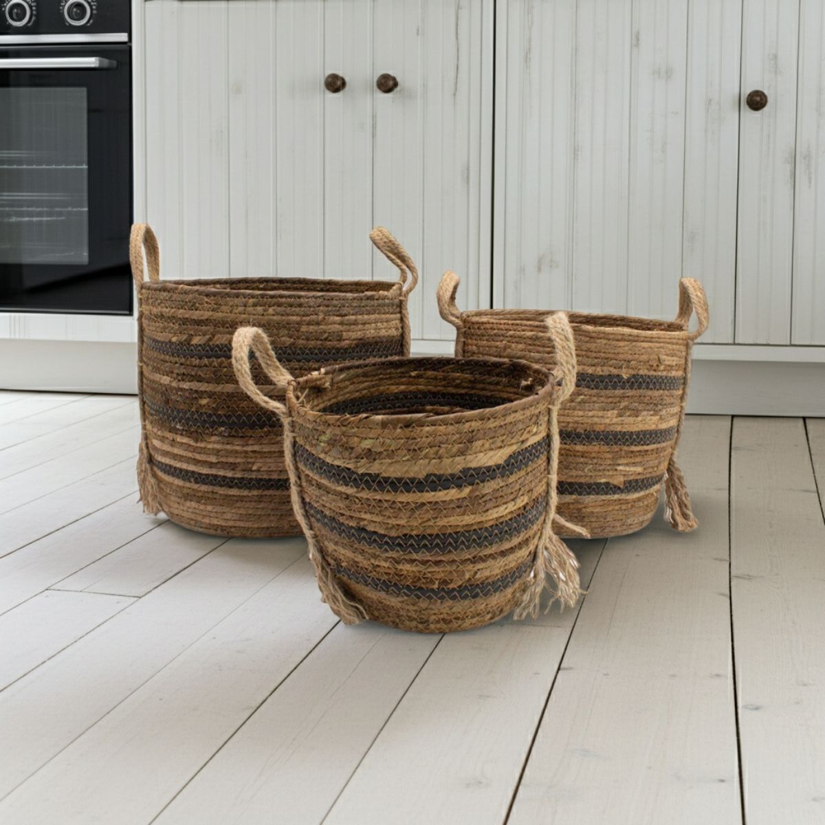 Banana Leaf & Seagrass Storage Baskets – Natural Browns (Set of 3)