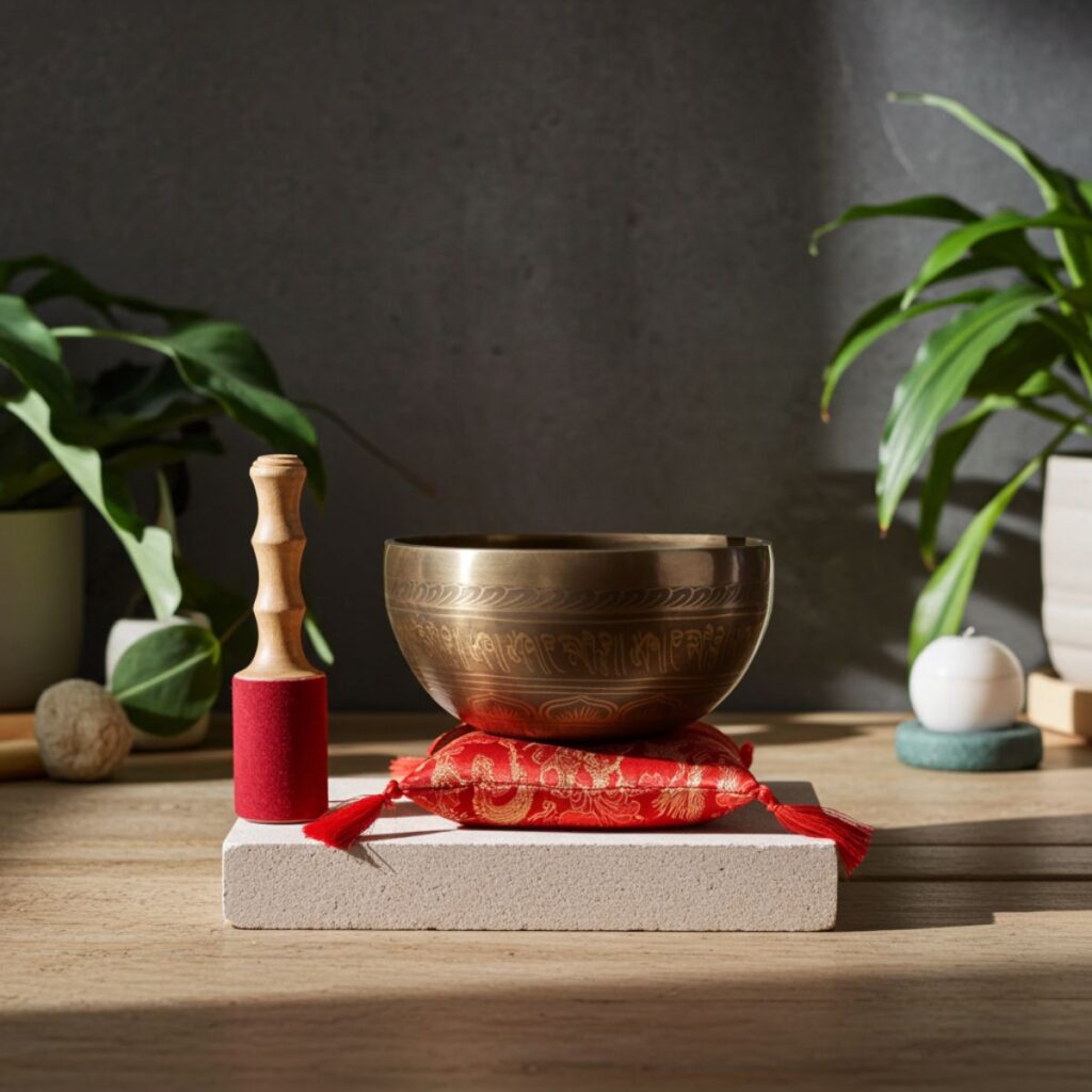 The Golden Tara Hand-Hammered Brass Singing Bowl Set sits on a red embroidered cushion with tassels atop a white block. A wooden mallet with a red handle rests nearby. Green houseplants and a white candle on stones are in the sunlit background.
