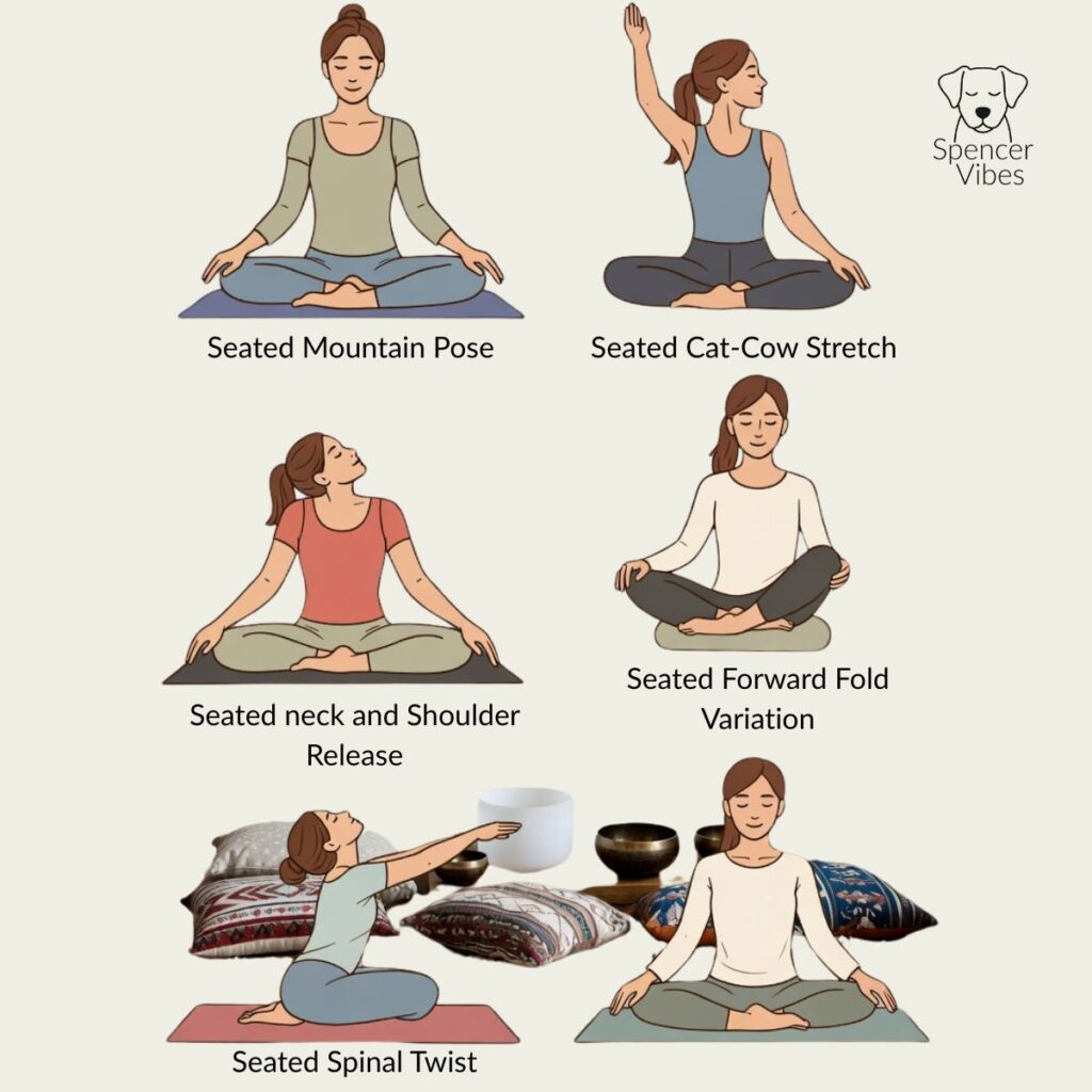 Six illustrated yoga poses for desk yoga are shown, each with a woman seated cross-legged. Gentle movements like Seated Mountain and Spinal Twist encourage mindful presence, all under the Spencer Vibes logo and near singing bowls.