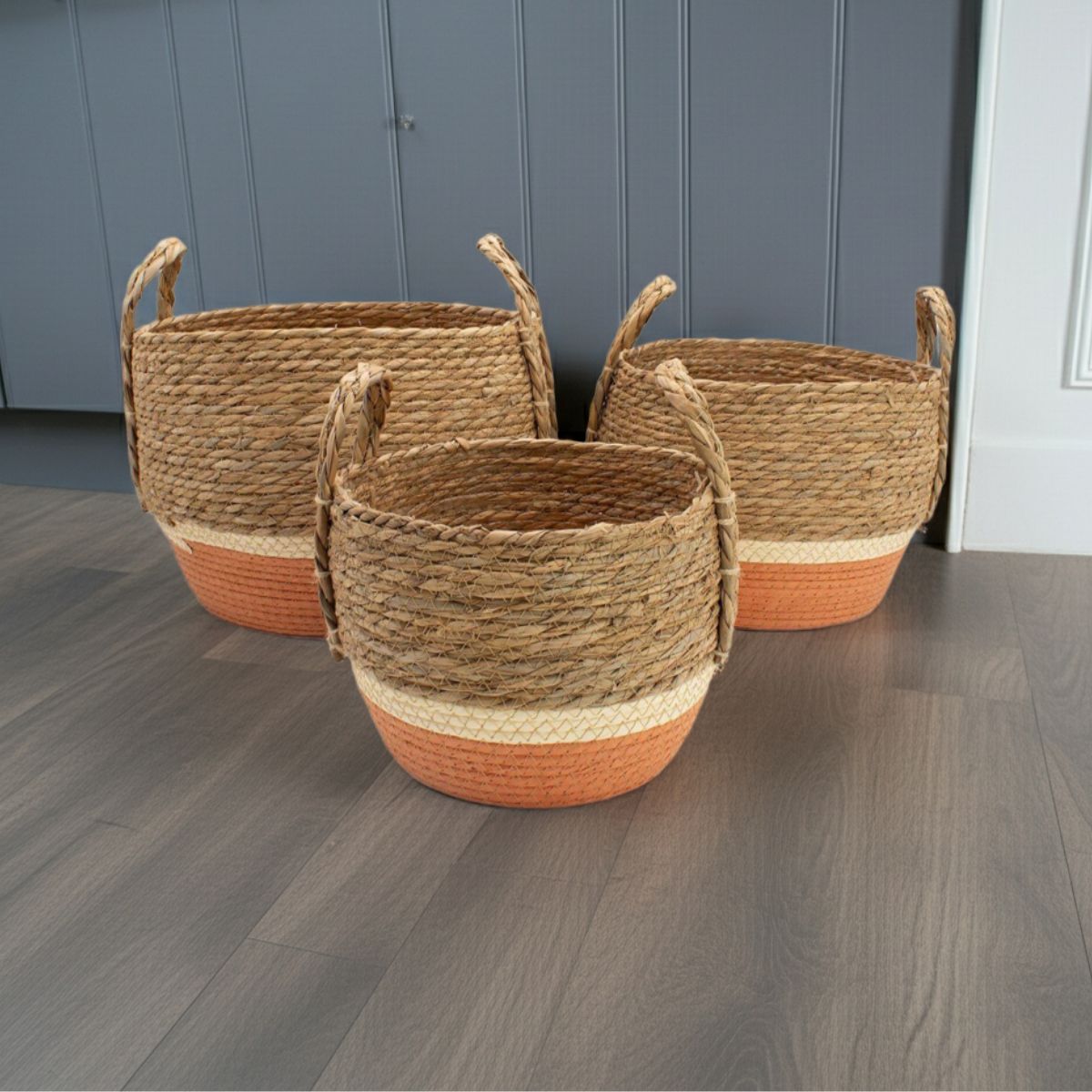 Straw & Seagrass Storage Baskets – Natural & Orange (Set of 3)