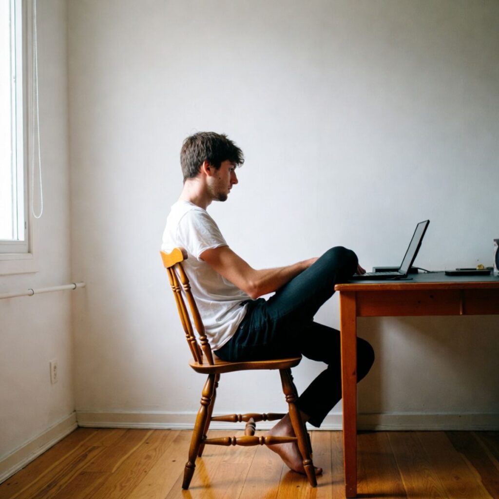 A young man with dark hair sits barefoot on a wooden chair, practising seated yoga at desk while focused on his laptop. In the bright, minimalistic room, he embraces mindfulness for remote workers and stress relief in his small flat.