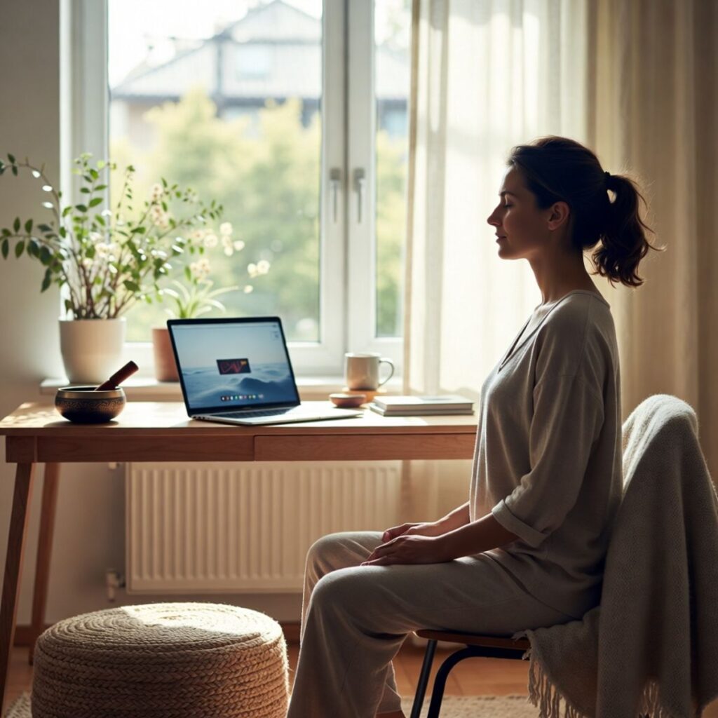 A woman in comfortable loungewear sits calmly on a chair by a wooden desk with mindful home essentials. Sunlight filters through sheer curtains, illuminating plants and laptop, creating a cosy urban wellness vibe—perfect for stress relief in a small flat.
