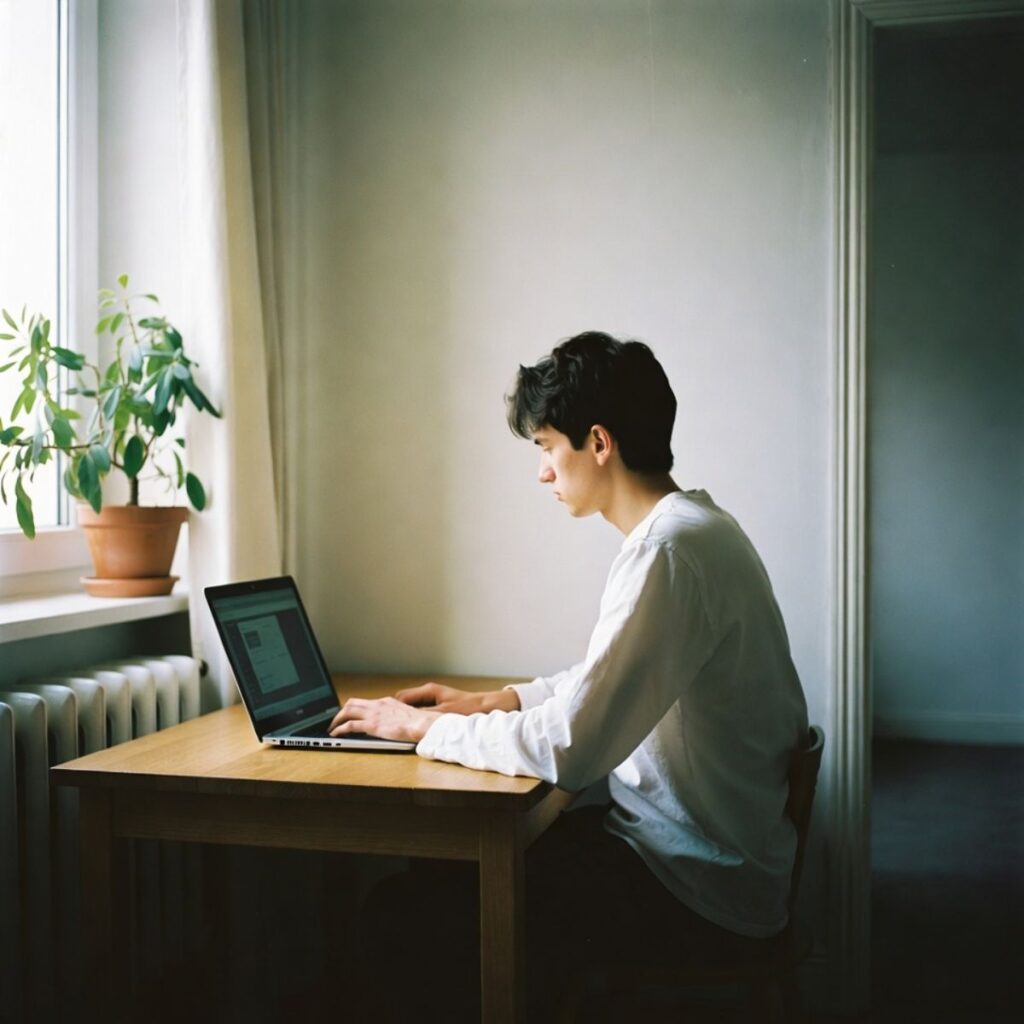 A young person with short dark hair sits at a wooden table, typing on a laptop near a window with natural light—embracing mindfulness for remote workers. A potted plant adds calm, while the room’s cream walls and minimal decor create ideal home essentials.