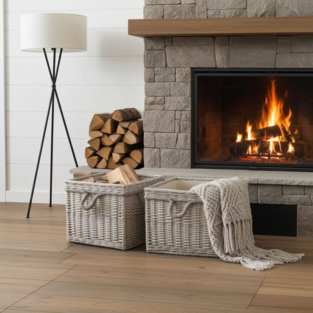 A cosy living room features a lit stone fireplace, stacked firewood, a white tripod lamp, and two Nesting Wicker Storage Baskets with Liners—one for firewood, the other draped with a chunky knit grey blanket—on a wooden floor.