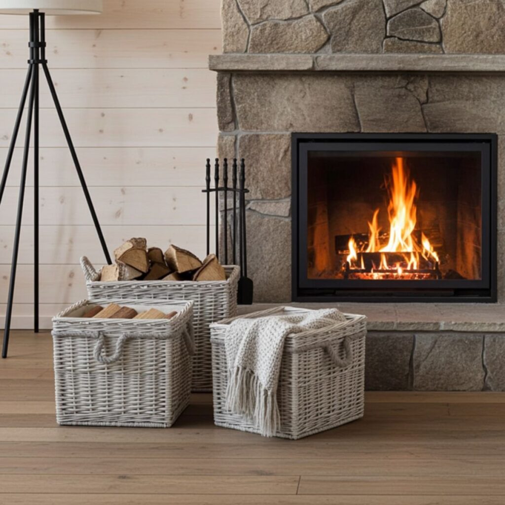 A cosy living room features a stone fireplace, firewood and a grey knitted blanket in the Nesting Wicker Storage Baskets with Liners – Set of 3 on the wooden floor, plus a black fireplace toolset, tall floor lamp, and light wood walls.