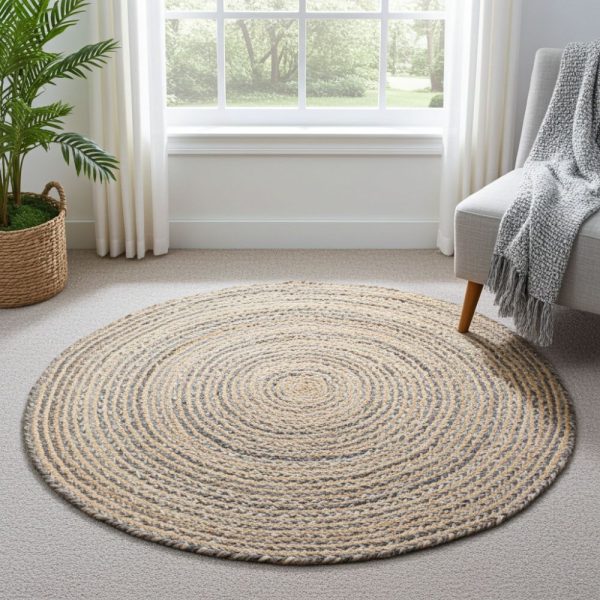 In a bright room, a 150 cm Round Jute and Recycle Denim Rug in natural and gray tones rests on a light carpet, with a white armchair, gray knit throw, leafy plant in a basket, and large window with white curtains nearby.