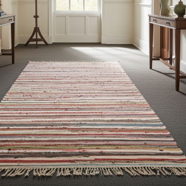 The Room Rag Rug - 150x200cm - Random Colours, featuring multicolored stripes and fringe at both ends, is displayed on a gray carpet in a bright room with white walls, large windows, wainscoting, and wooden furniture.