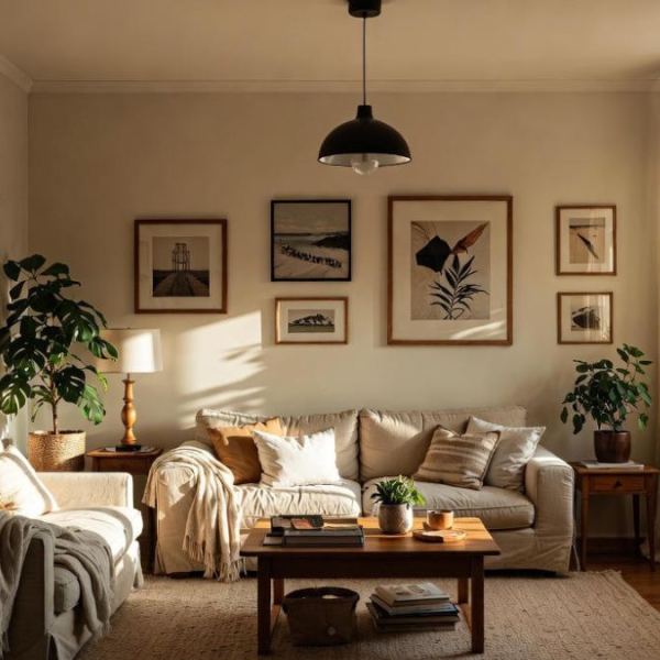 Calm living room with soft natural light, neutral furnishings, and a book-filled shelf.