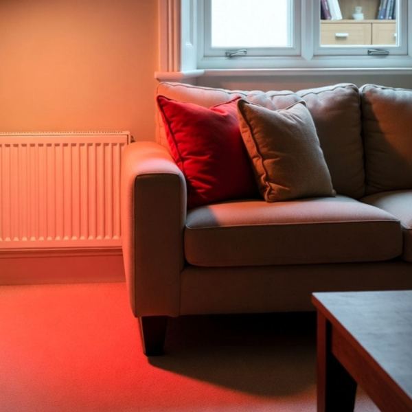 A beige sofa with three cushions, including a prominent red one and cosy blankets draped over the side, sits near a radiator below a window. Warm reddish light bathes part of the sofa and carpet. A wooden coffee table is partially visible on the right.